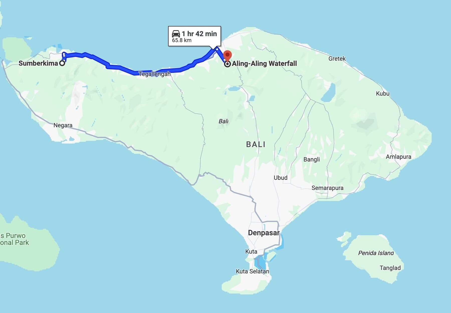 A map of Bali showing the driving route from Sumberkima to Aling-Aling Waterfall, 1 hr 42 min