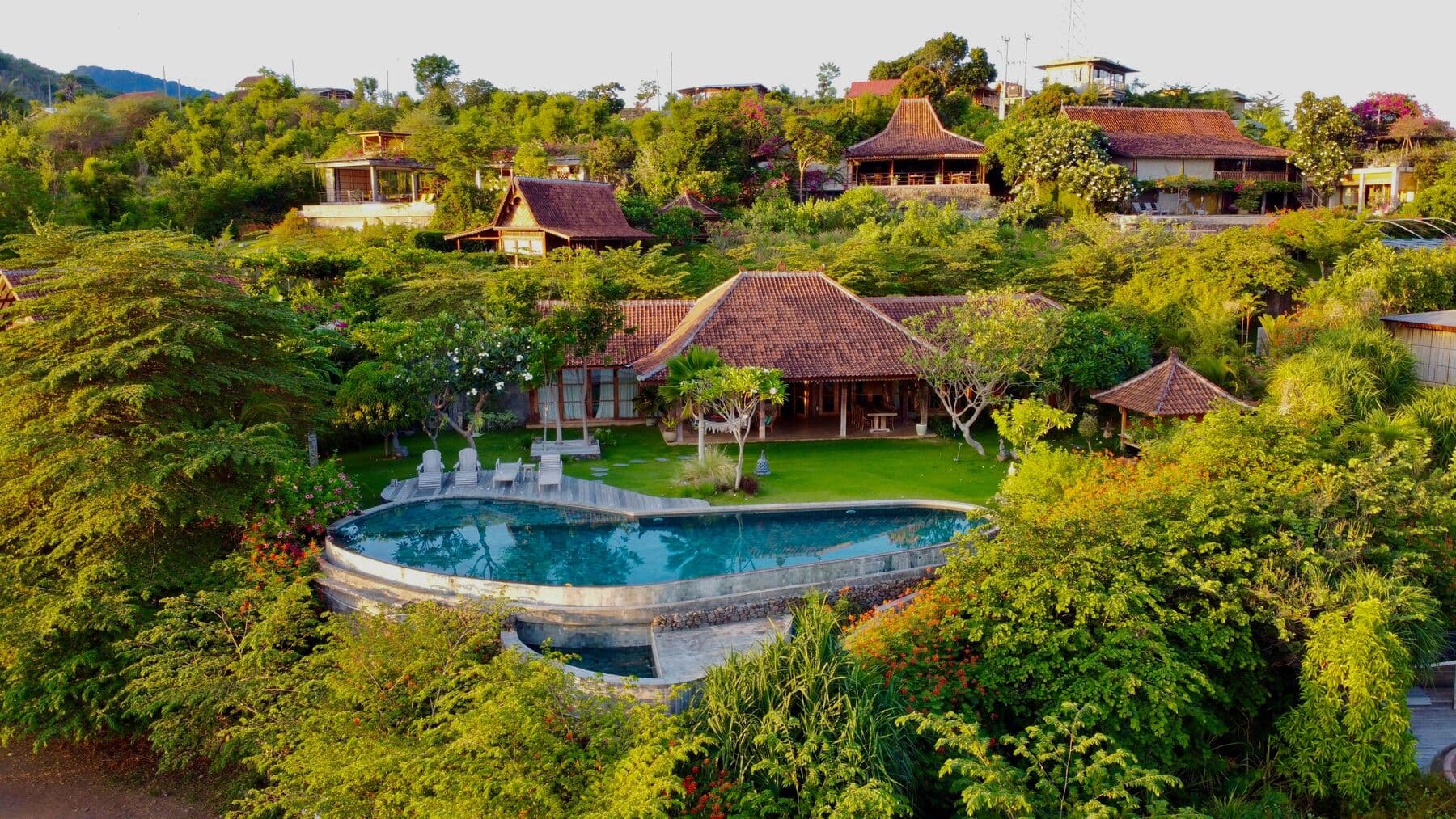 Villas with tiled roofs and a curved pool among trees on a hillside