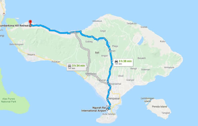 Map of route 1, the scenic route over the mountains to Sumberkima Hill