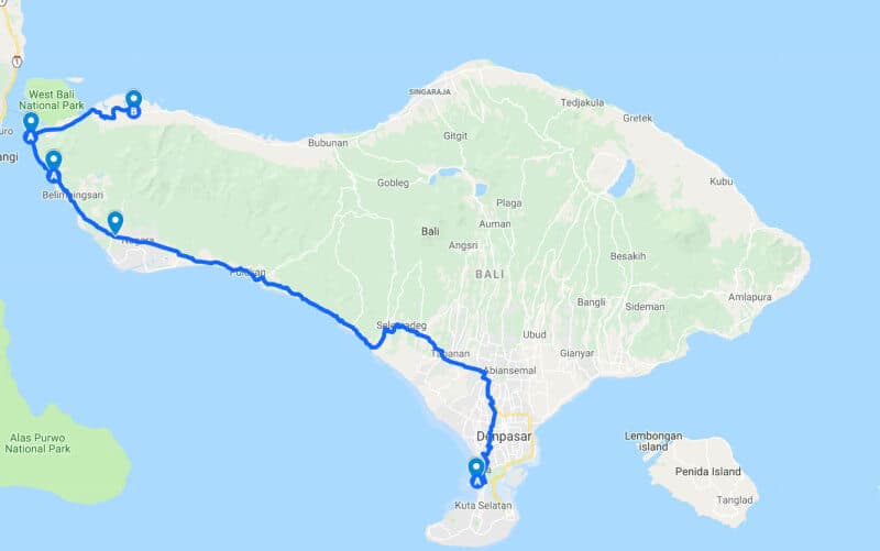 Map of route 3, the coastal route via Gilimanuk to Sumberkima Hill