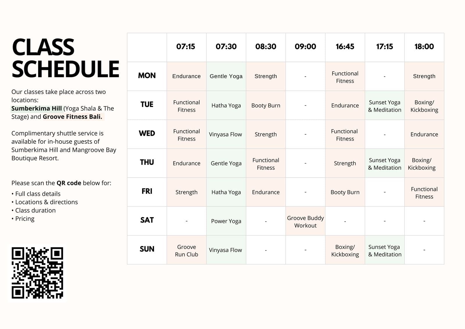 Yoga classes schedule showing sunset yoga at Sumberkima Stage