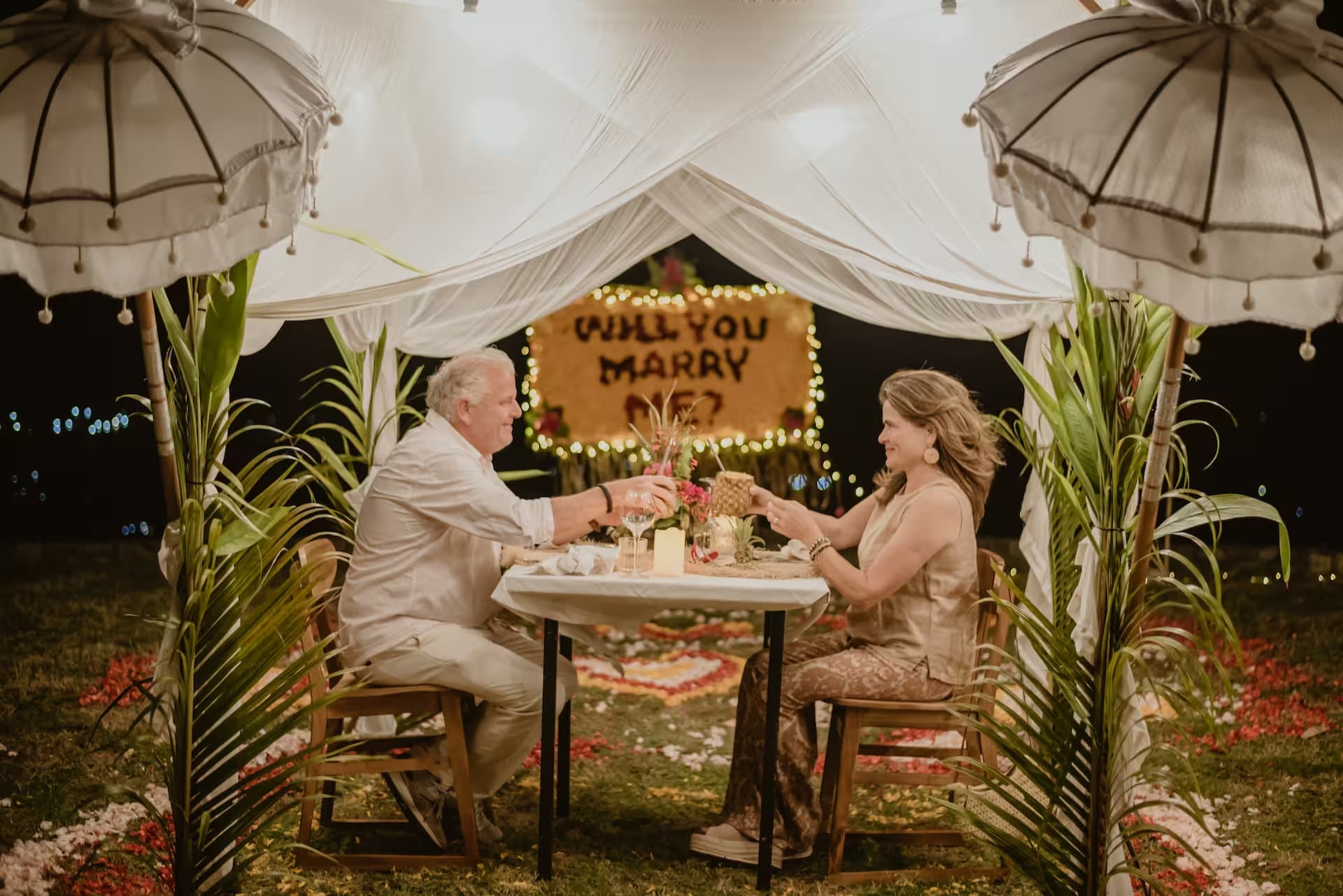 Romantic dinner setup at Sumberkima Stage with panoramic views