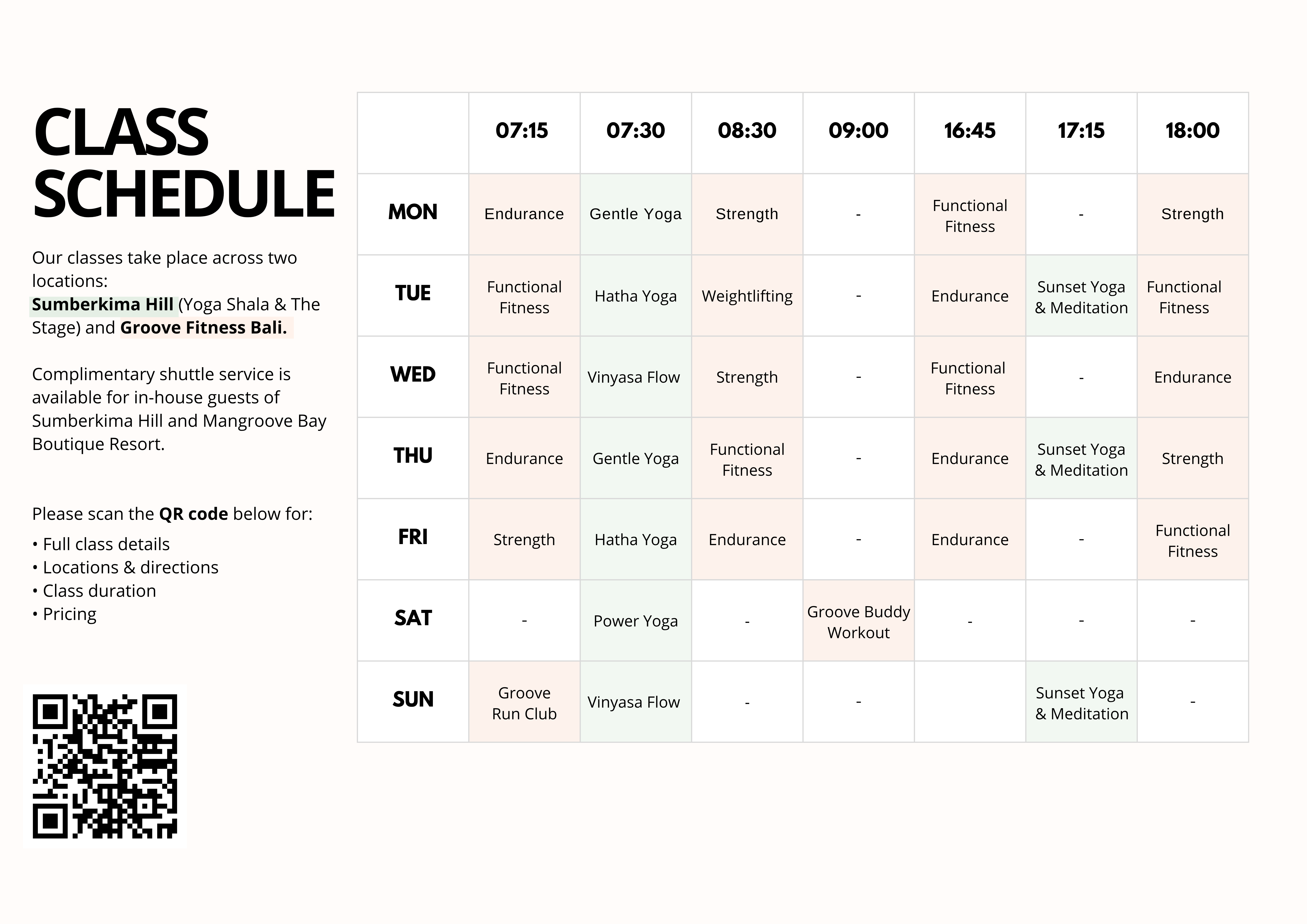 Yoga classes schedule at Sumberkima Hill
