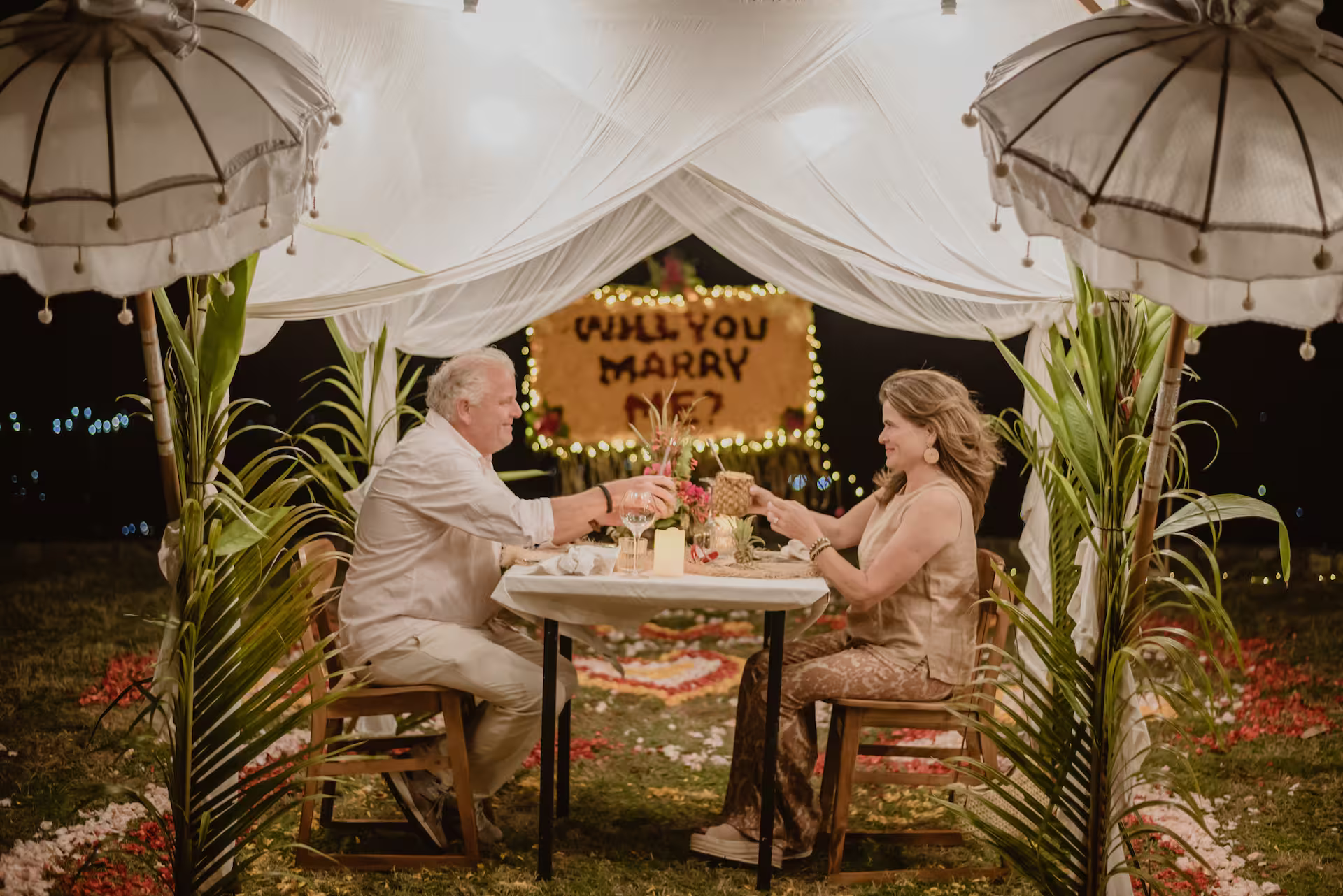 Romantic dinner setup at Sumberkima Stage with panoramic views