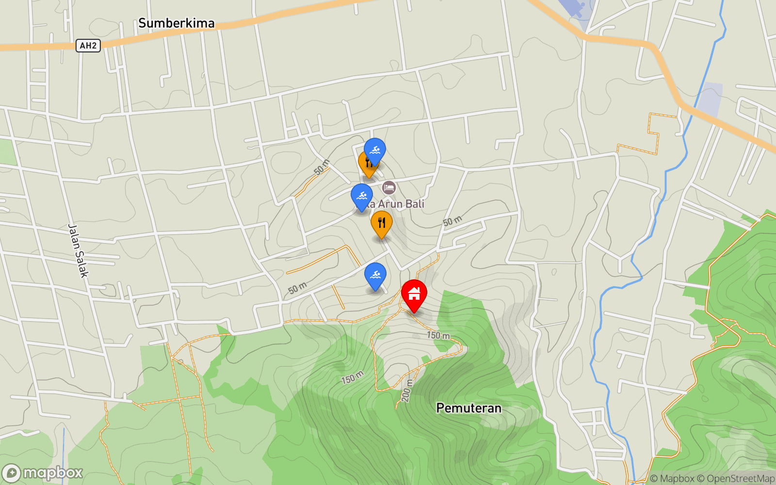 Cabin 1 location map showing nearby restaurants and pools