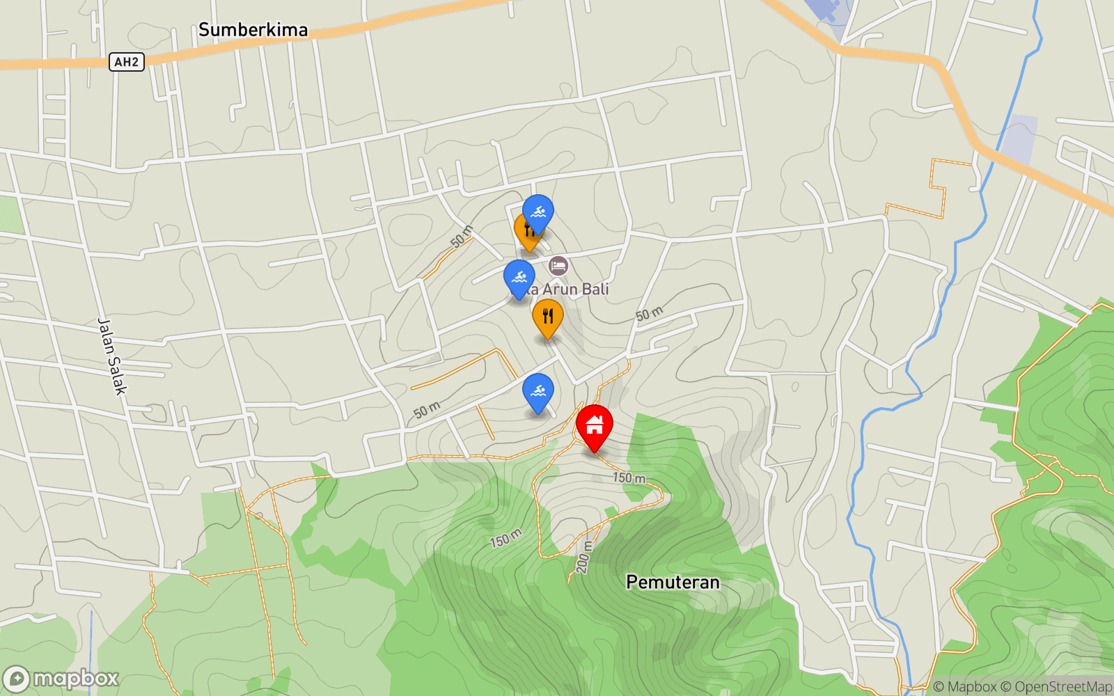 Cabin 2 location map showing nearby restaurants and pools