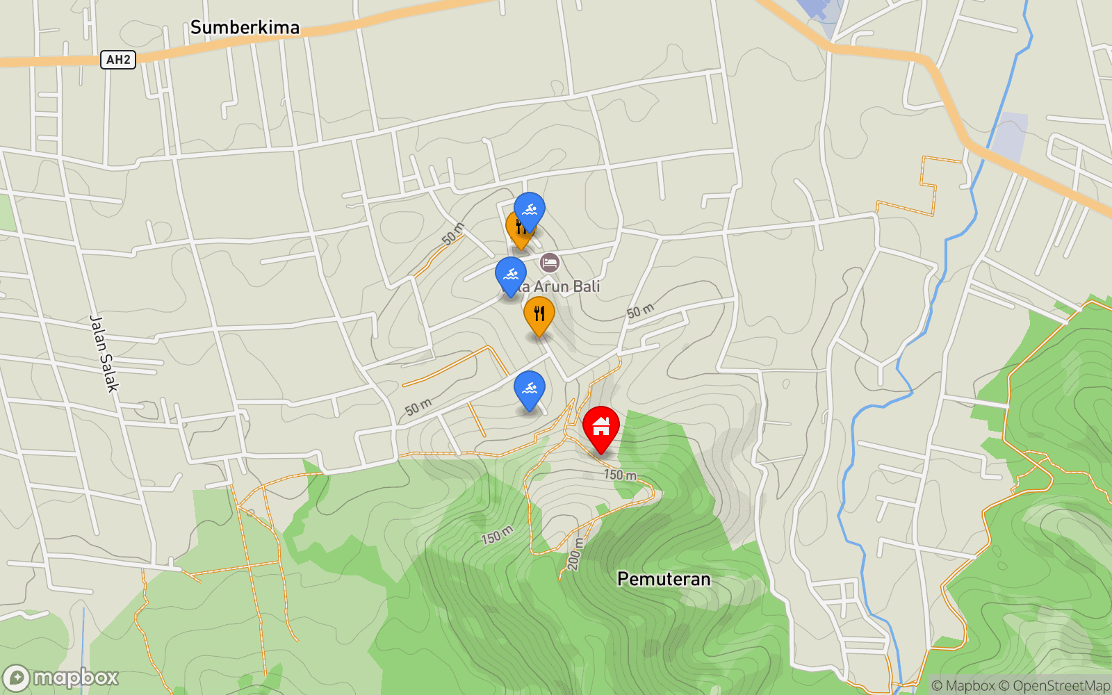 Cabin 5 location map showing nearby restaurants and pools