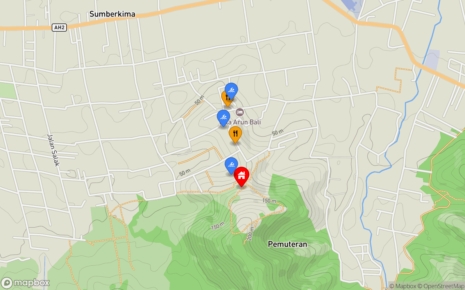 Comfort Cabin 6 location map showing nearby restaurants and pools