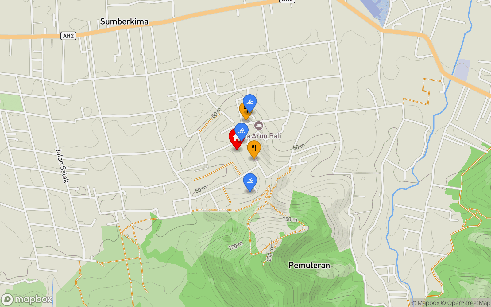 Kemuning Joglo location map showing nearby restaurants and pools