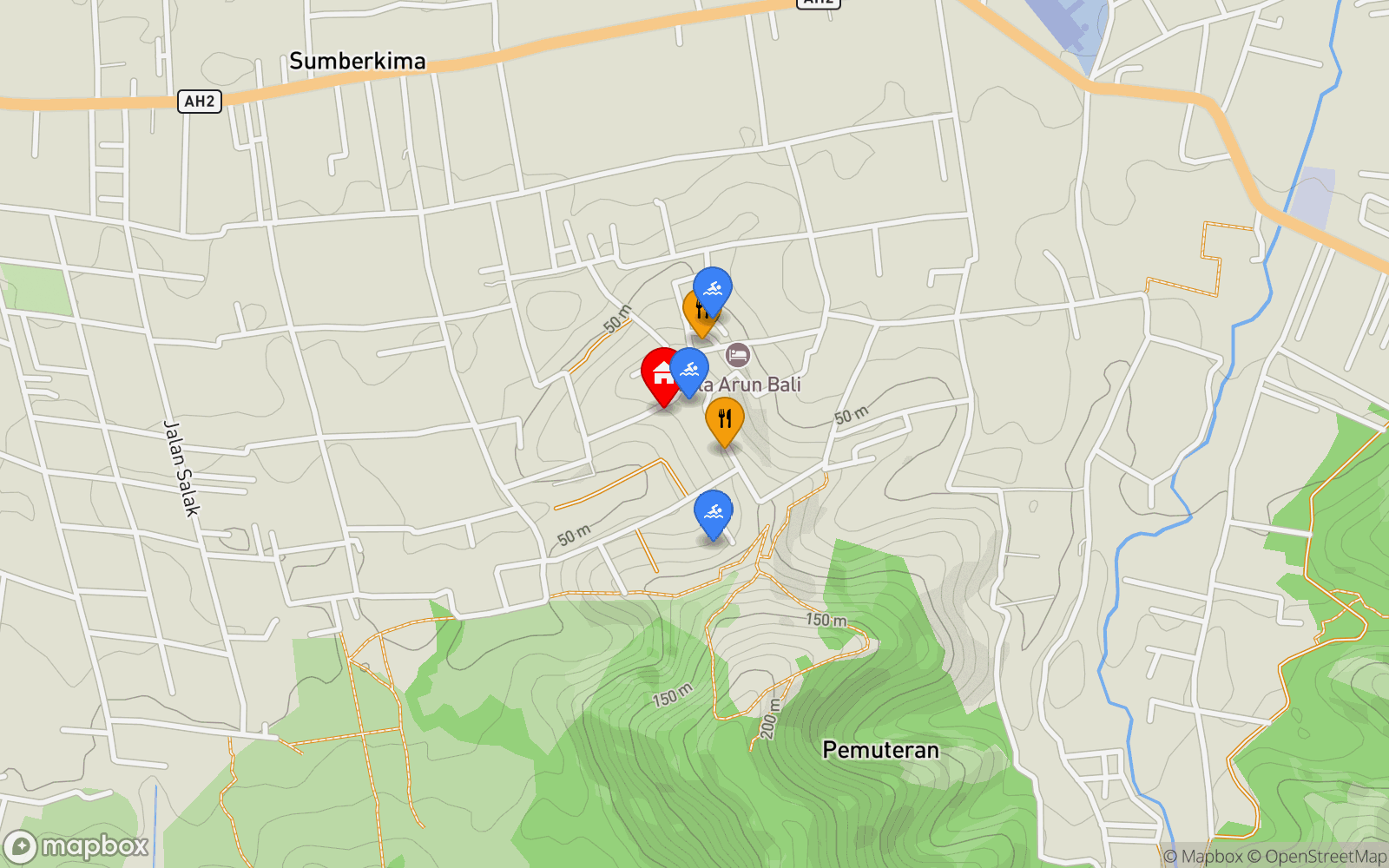 Sandat Joglo location map showing nearby restaurants and pools