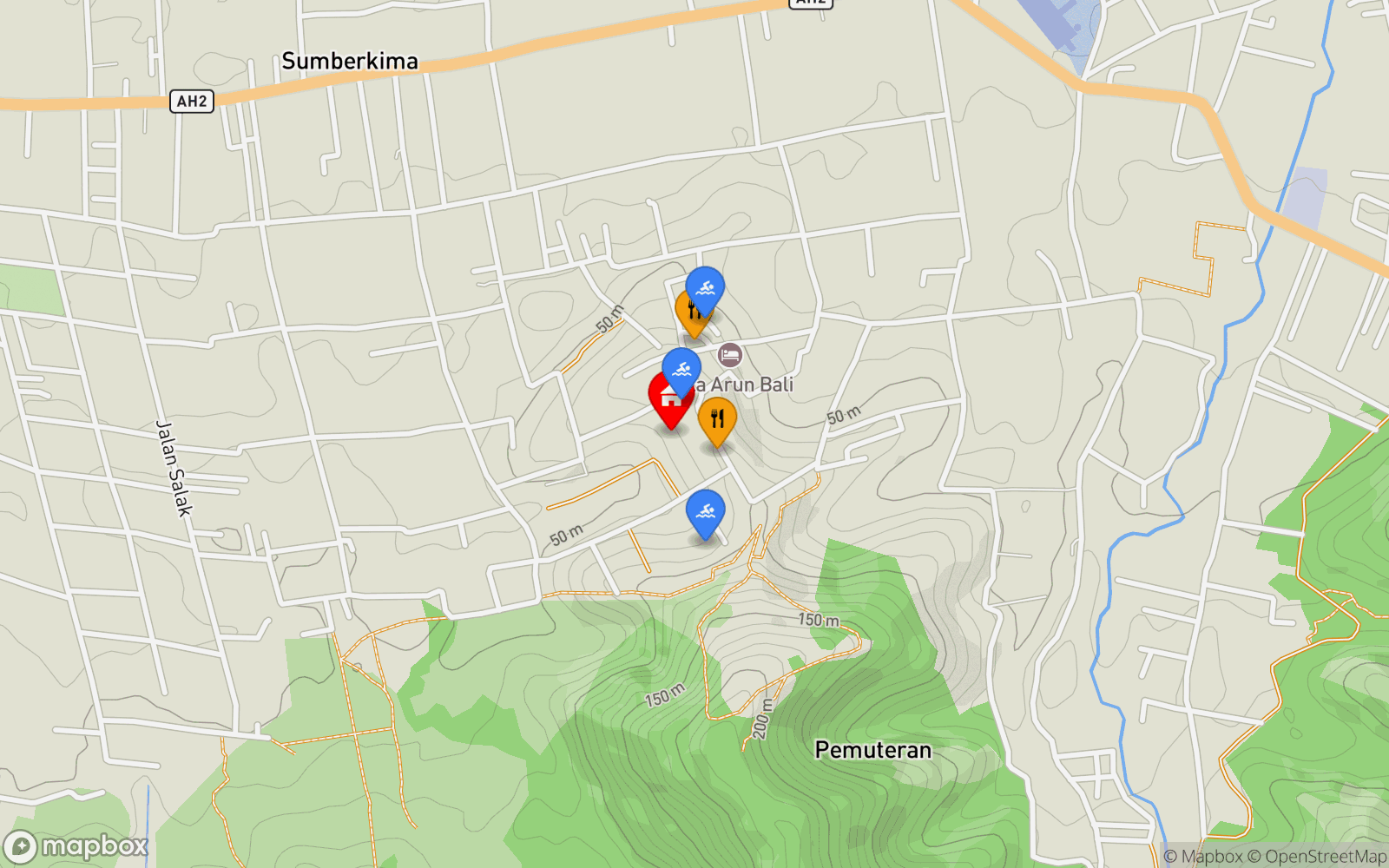 Villa Alila location map showing nearby restaurants and pools