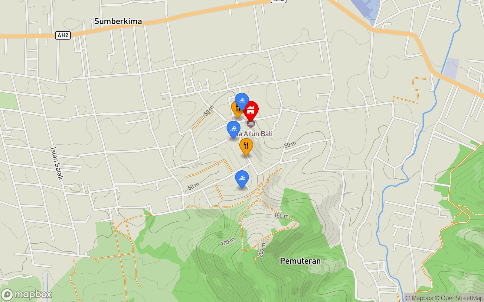 Villa Arun location map showing nearby restaurants and pools