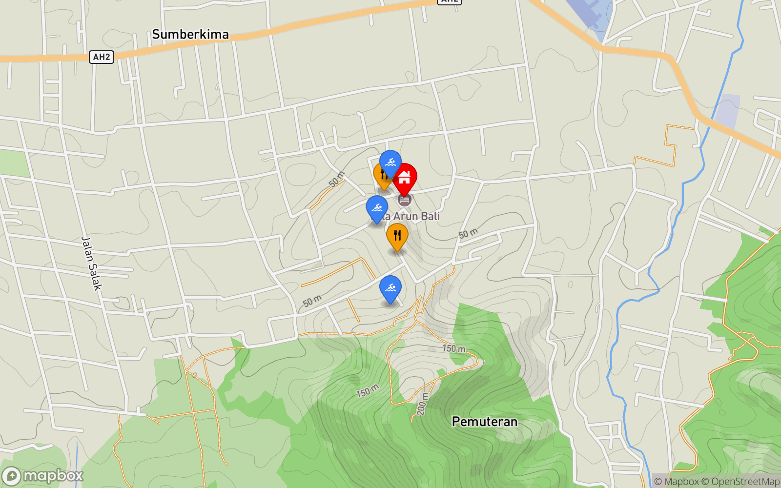 Villa Arun location map showing nearby restaurants and pools