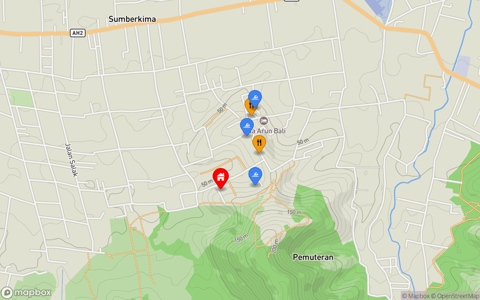 Villa Aryaman location map showing nearby restaurants and pools