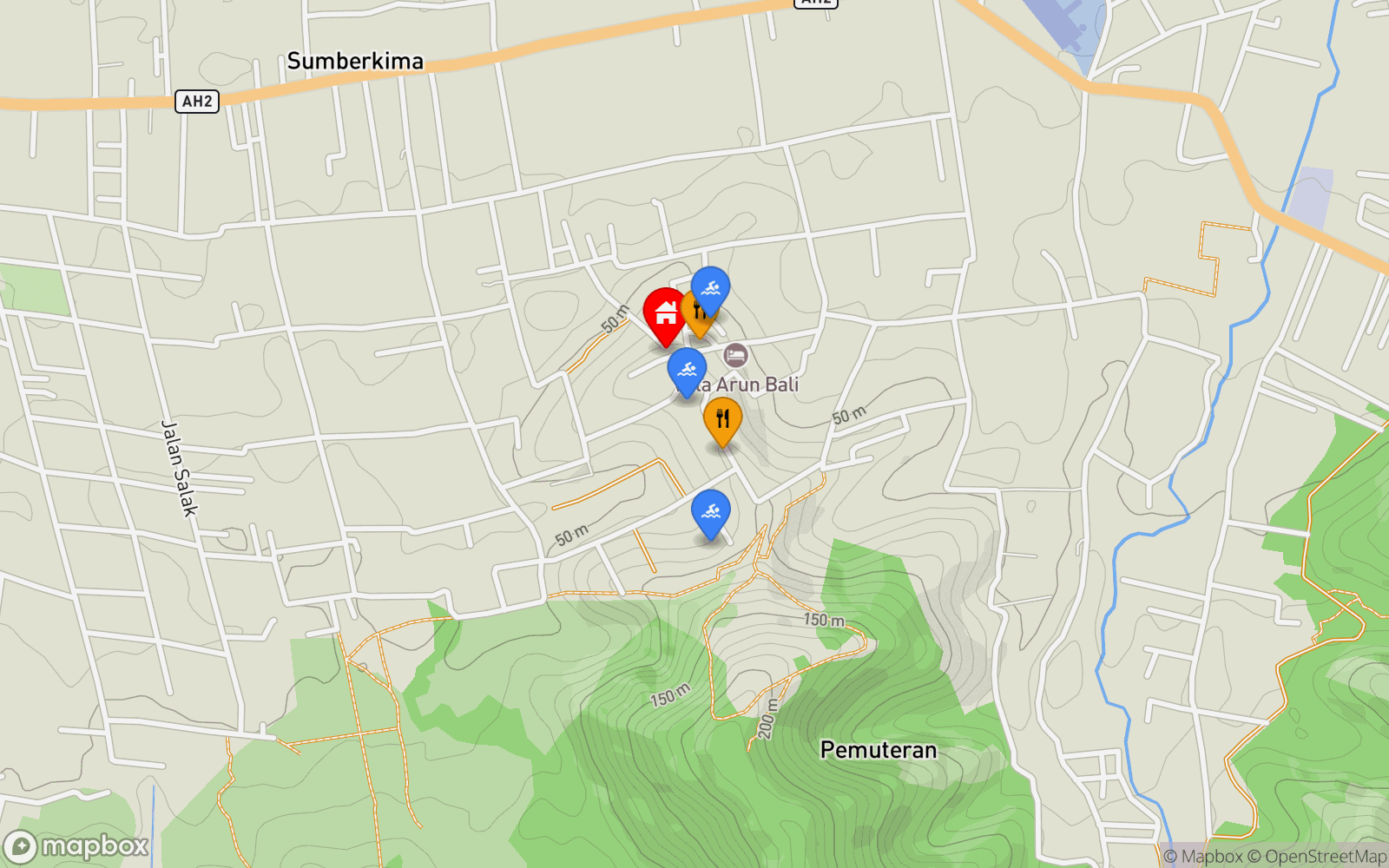 Villa Asmara 3 location map showing nearby restaurants and pools