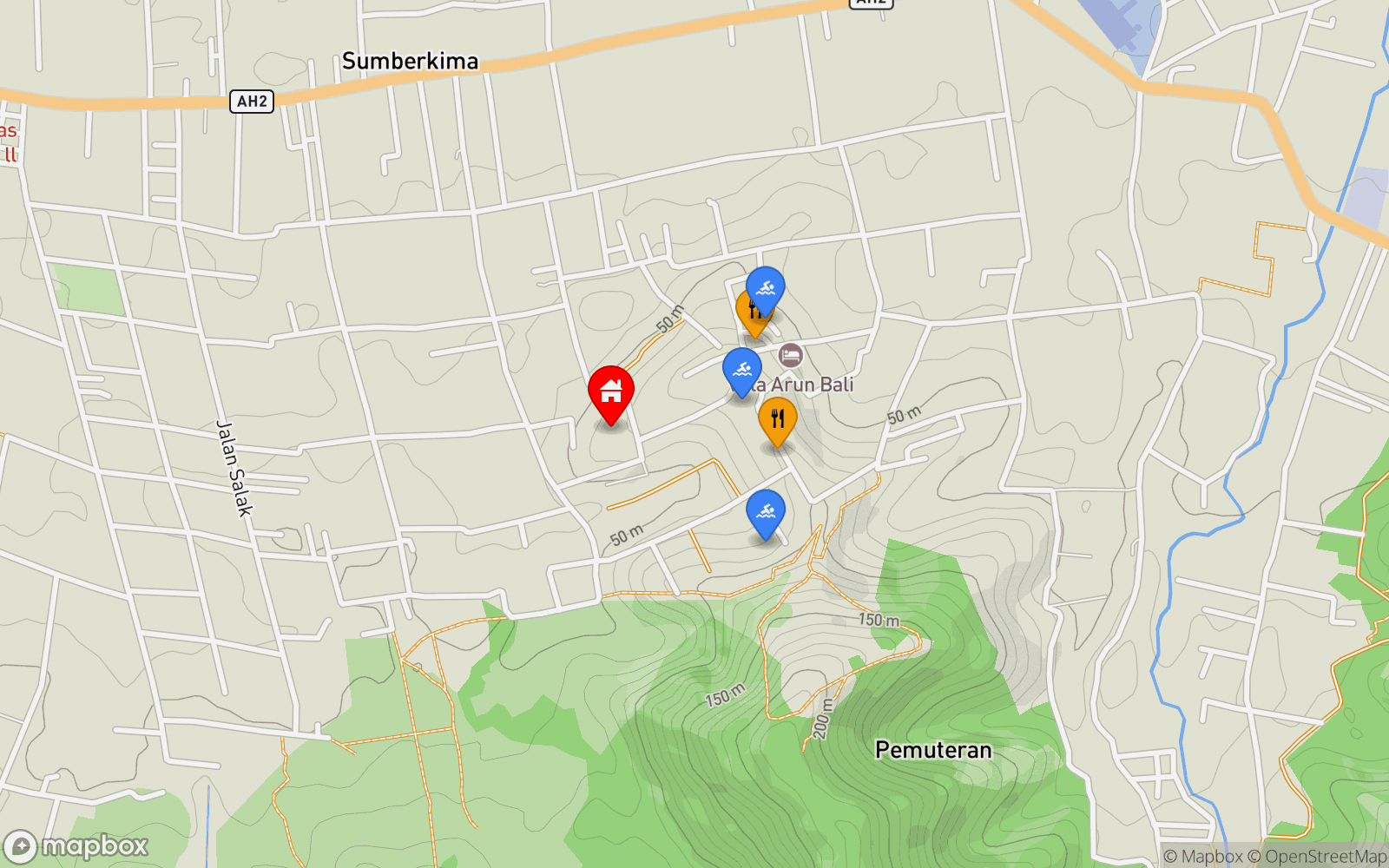 Villa Asti location map showing nearby restaurants and pools