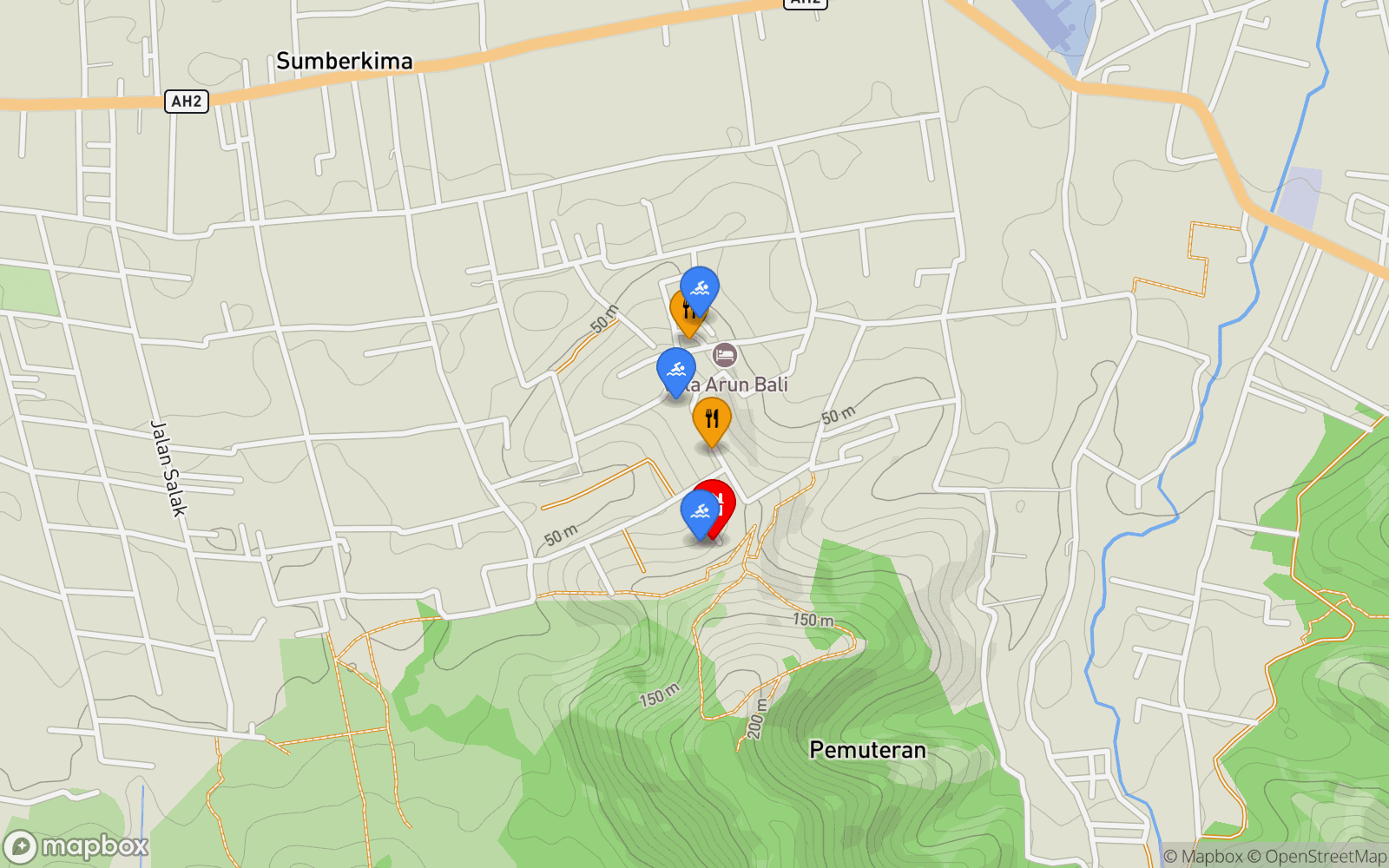 Villa Baja Barat location map showing nearby restaurants and pools