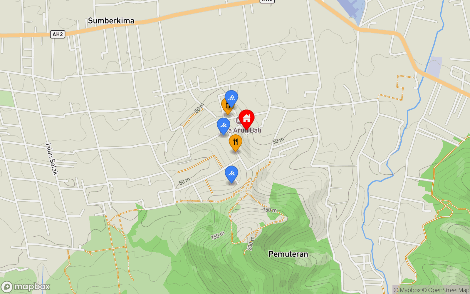 Villa Jahe location map showing nearby restaurants and pools