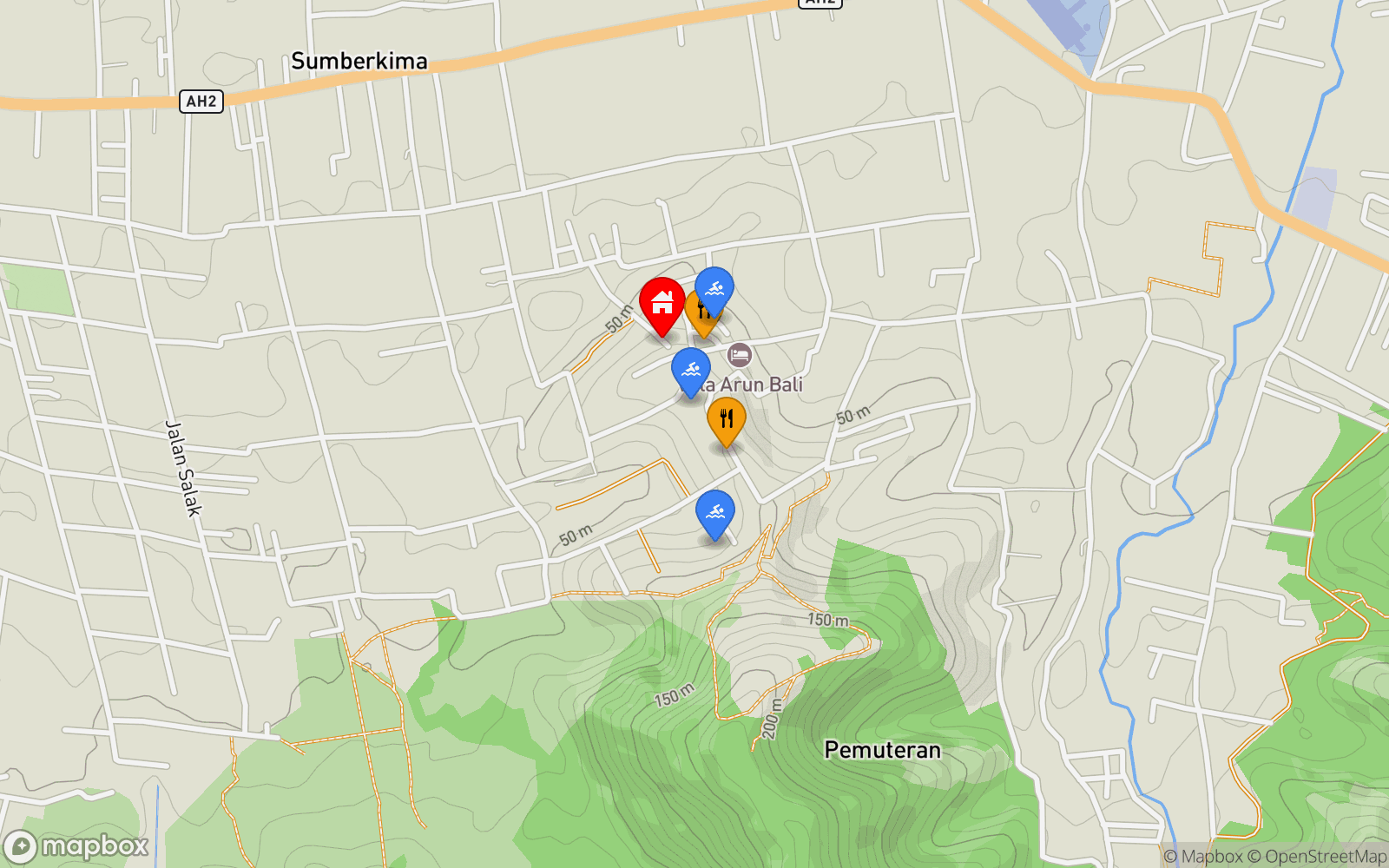 Villa Joel location map showing nearby restaurants and pools