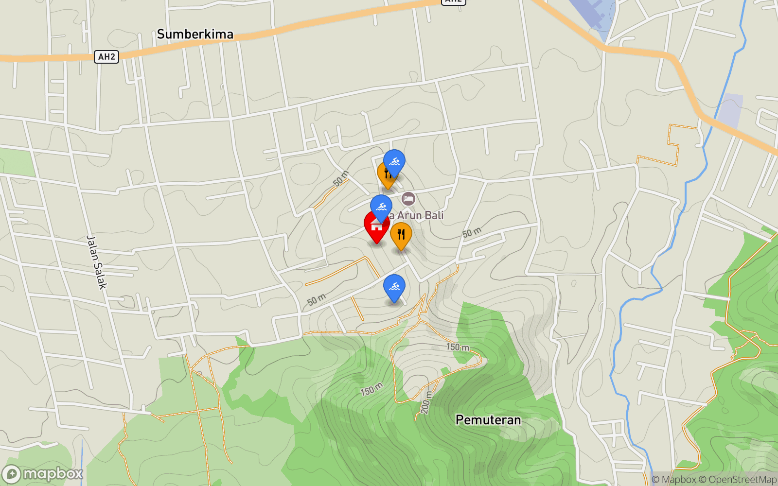 Villa Katak location map showing nearby restaurants and pools