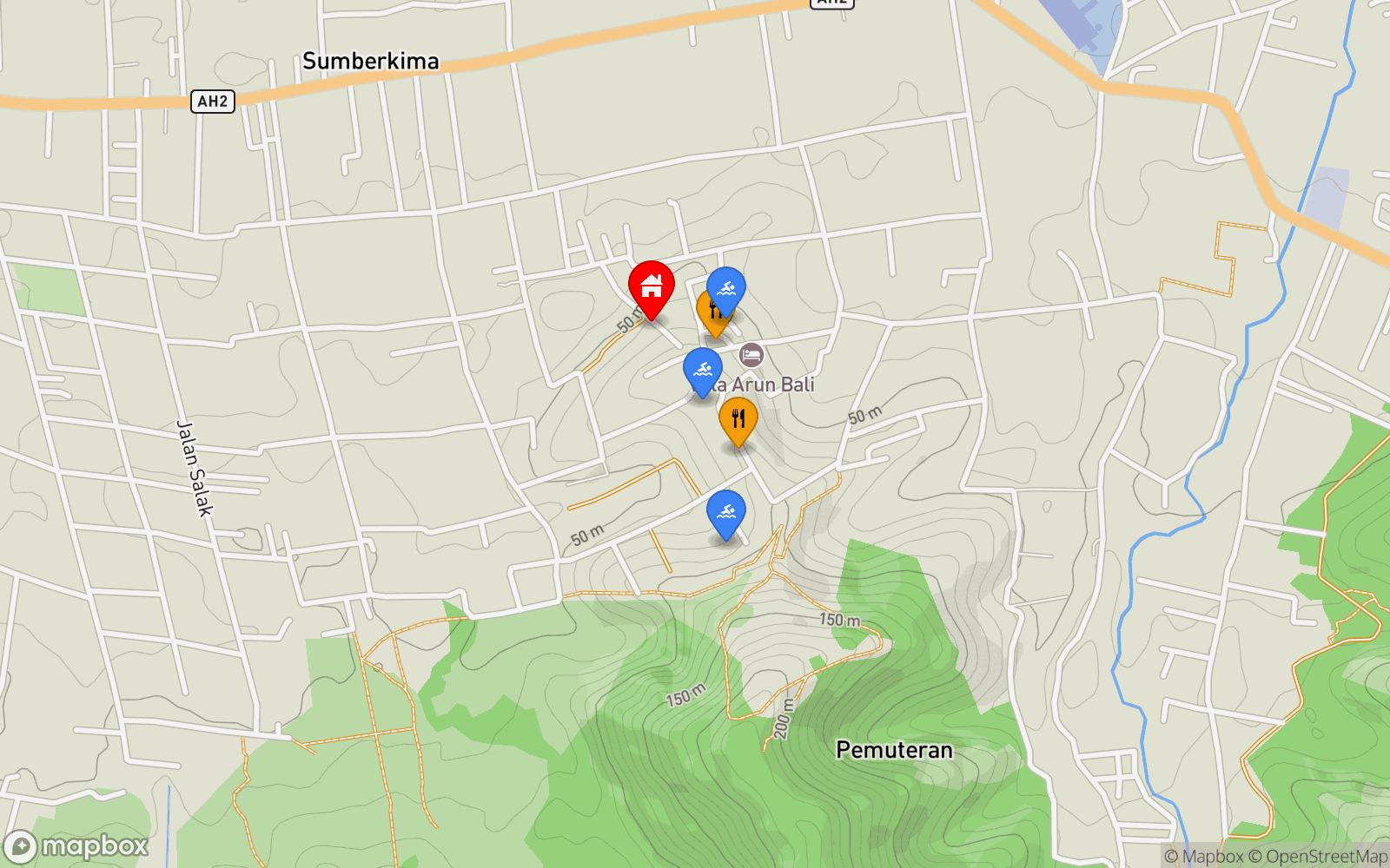Villa Kimu location map showing nearby restaurants and pools