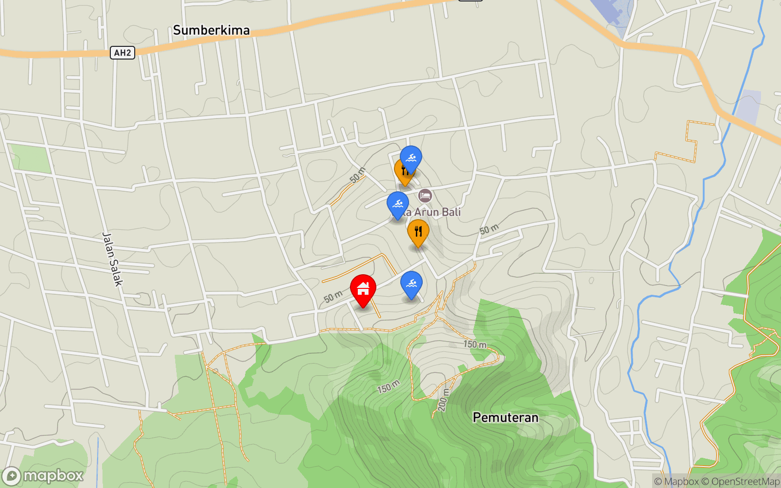 Villa Kupu Kupu location map showing nearby restaurants and pools