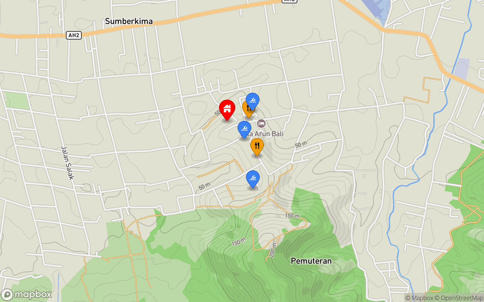 Villa Kurma location map showing nearby restaurants and pools