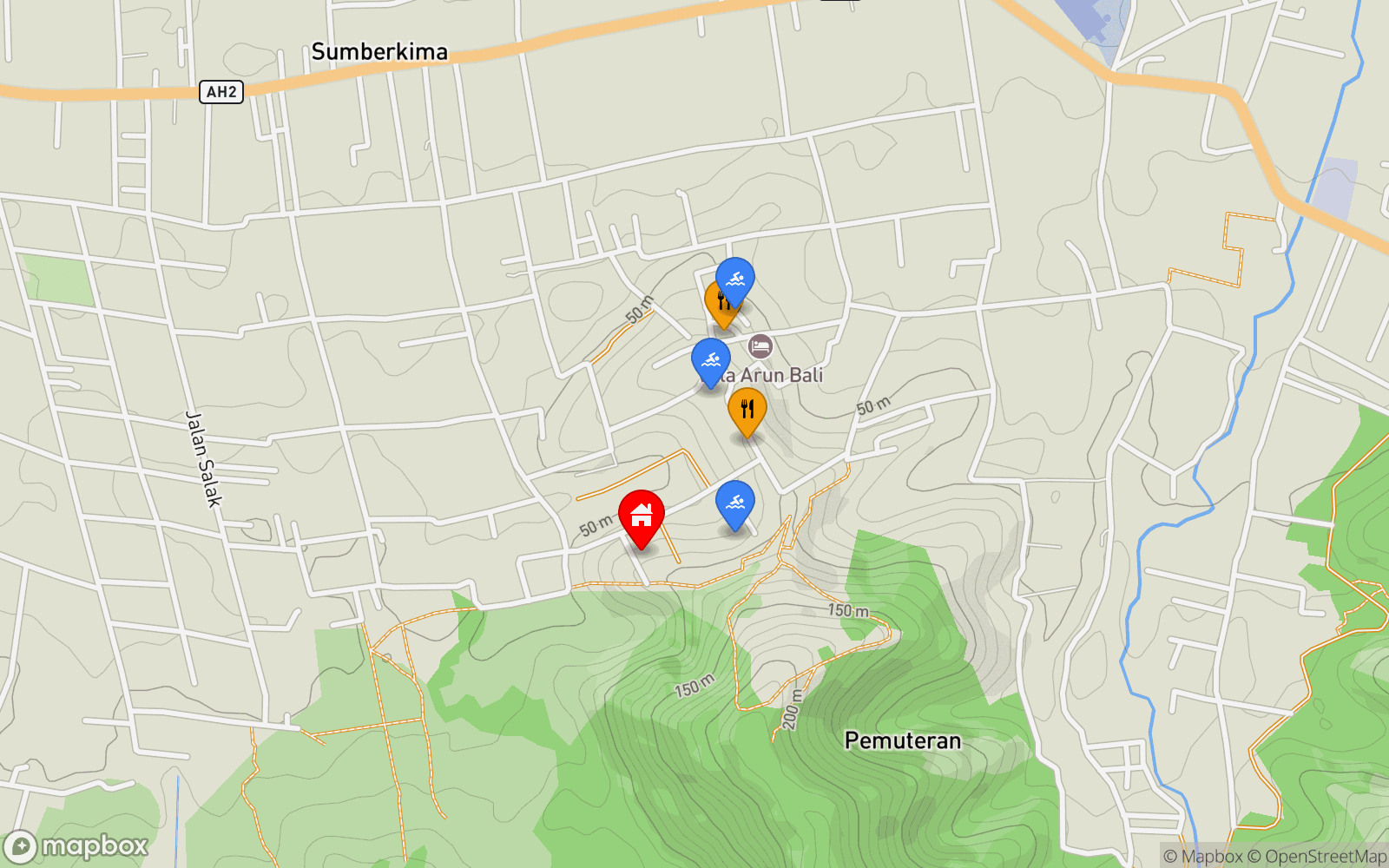 Villa ManJul location map showing nearby restaurants and pools