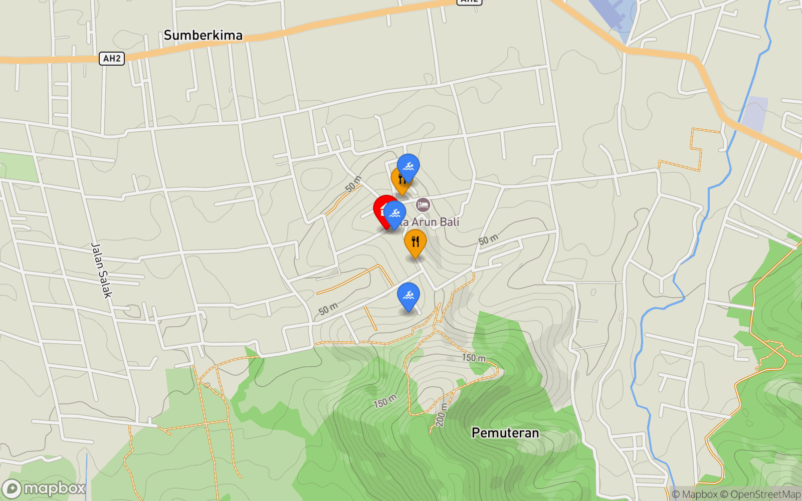 Villa Nandini location map showing nearby restaurants and pools