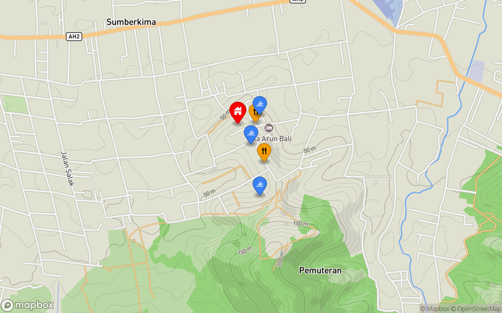 Villa Noah location map showing nearby restaurants and pools