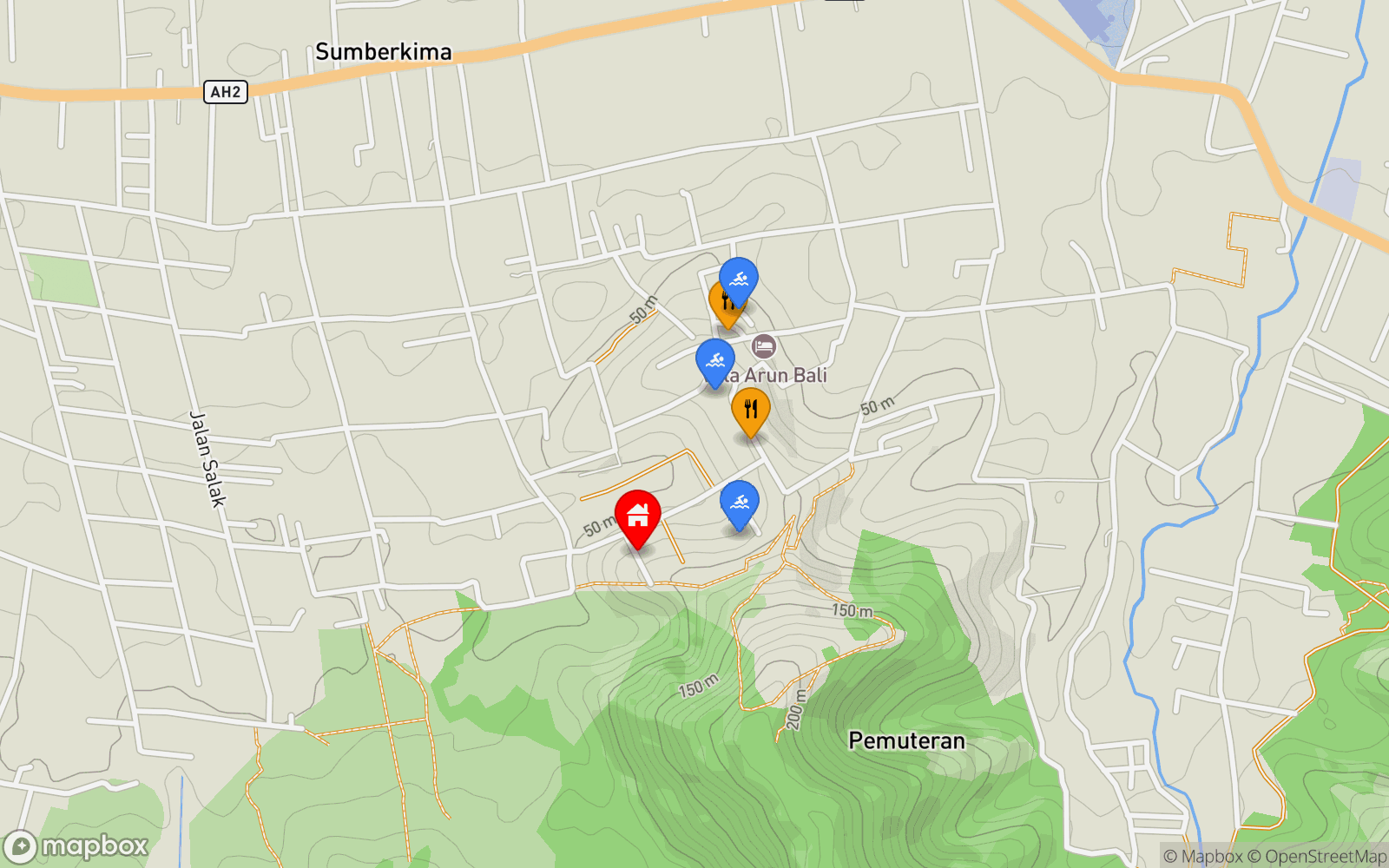 Villa Nyaman location map showing nearby restaurants and pools