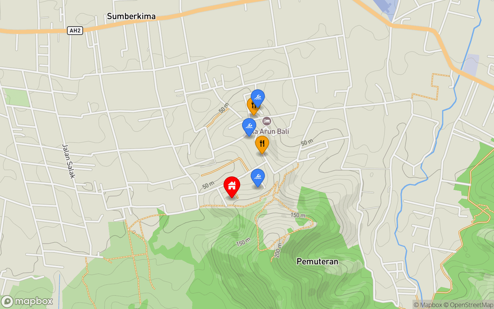 Villa Yolanda location map showing nearby restaurants and pools