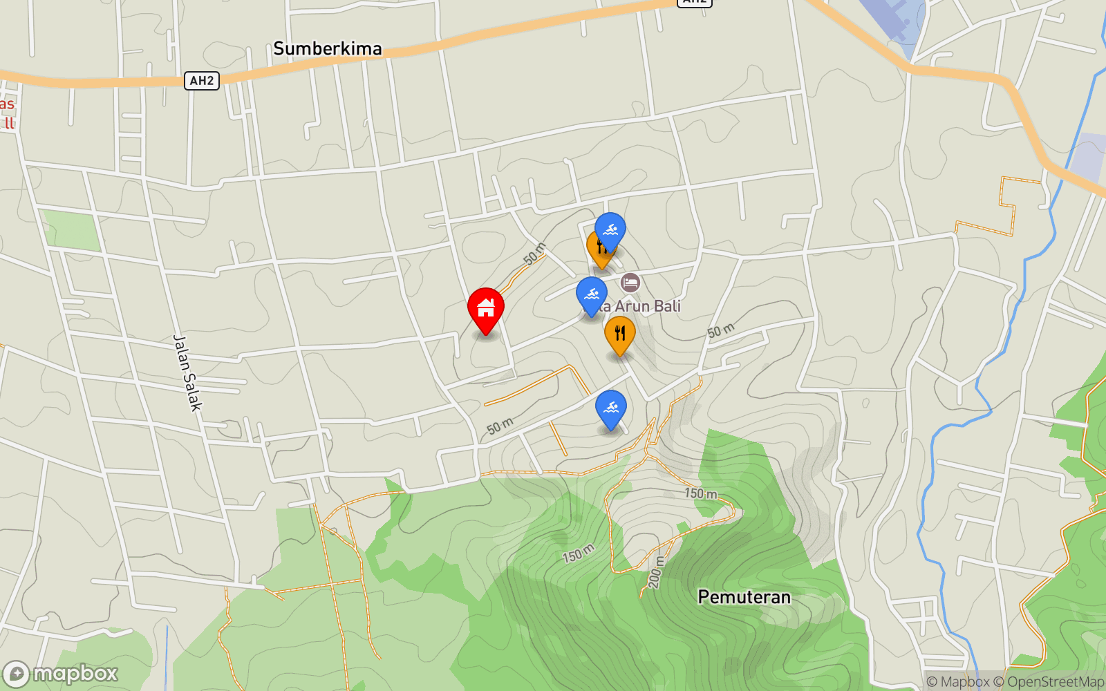 Villa Zaphyr location map showing nearby restaurants and pools