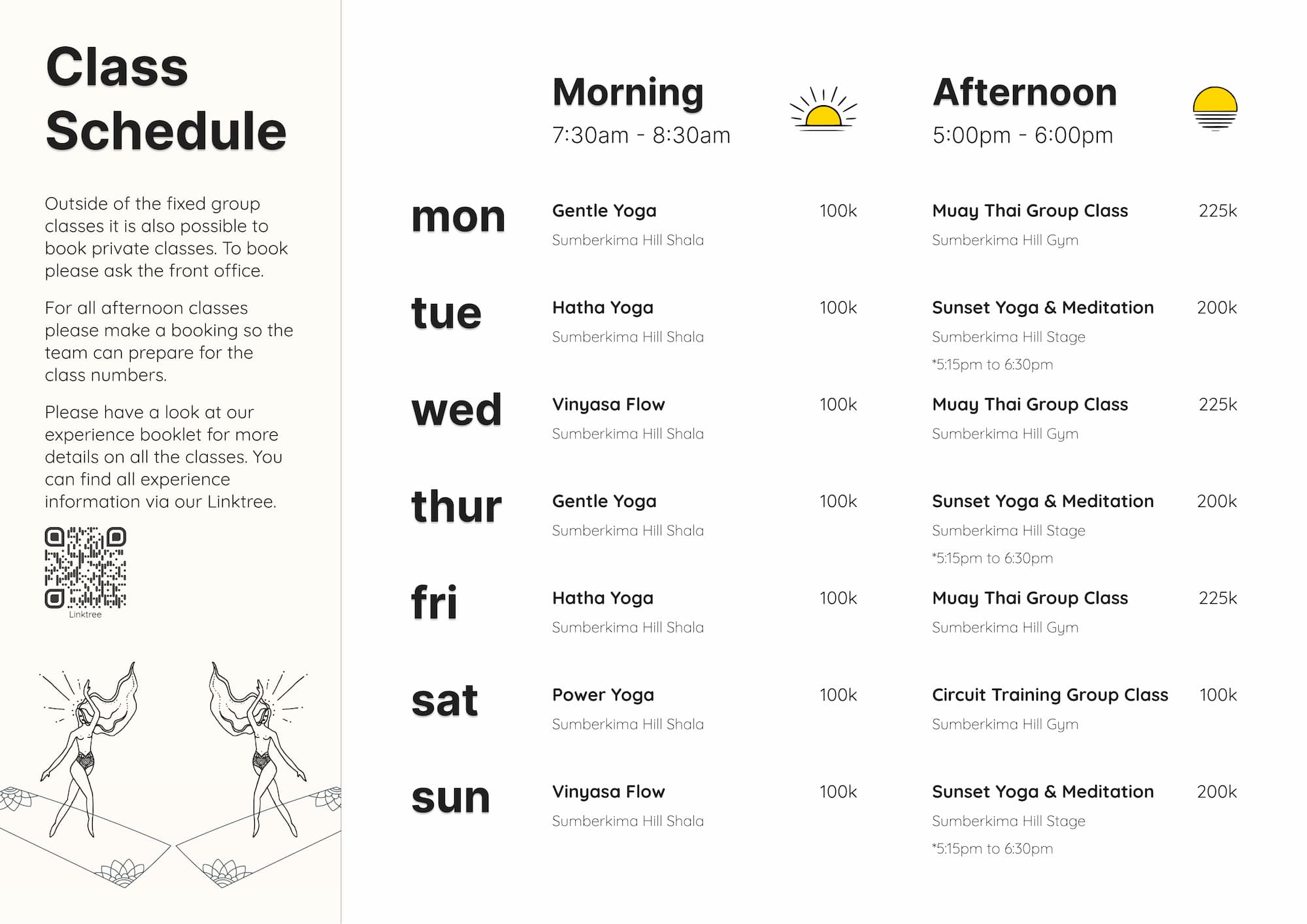 Yoga classes schedule showing sunset yoga at Sumberkima Stage