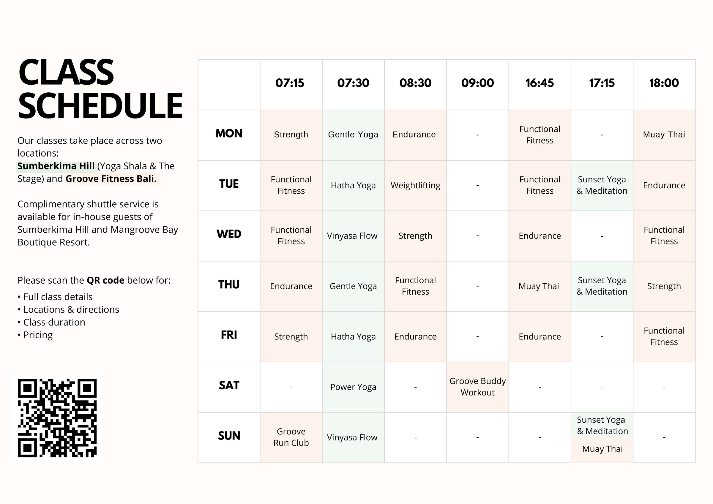 Yoga classes schedule showing sunset yoga at Sumberkima Stage