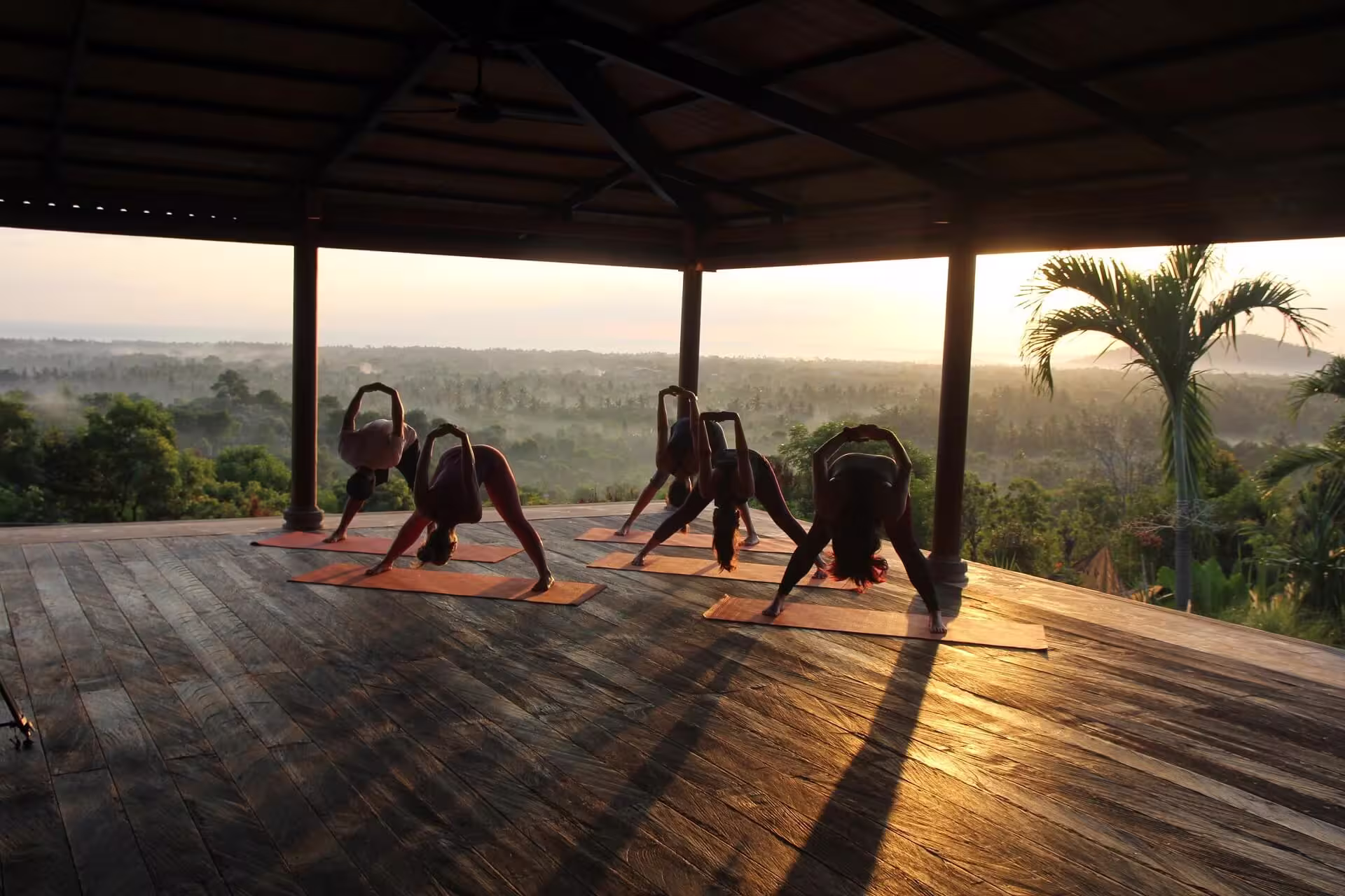 Morning group yoga class in the outdoor pavilion
